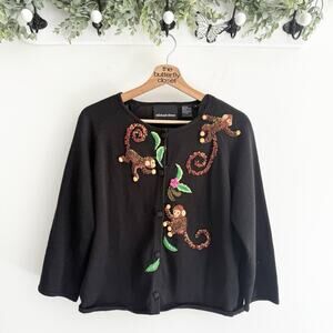 Michael Simon Sweater Women's Black Y2K 2001 Monkey Beaded Embroidered Size M